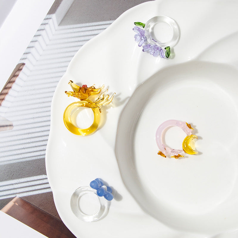 Slow Time Iris Glaze Floral Star and Moon Ring