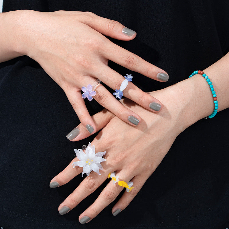 Slow Time Iris Glaze Floral Star and Moon Ring